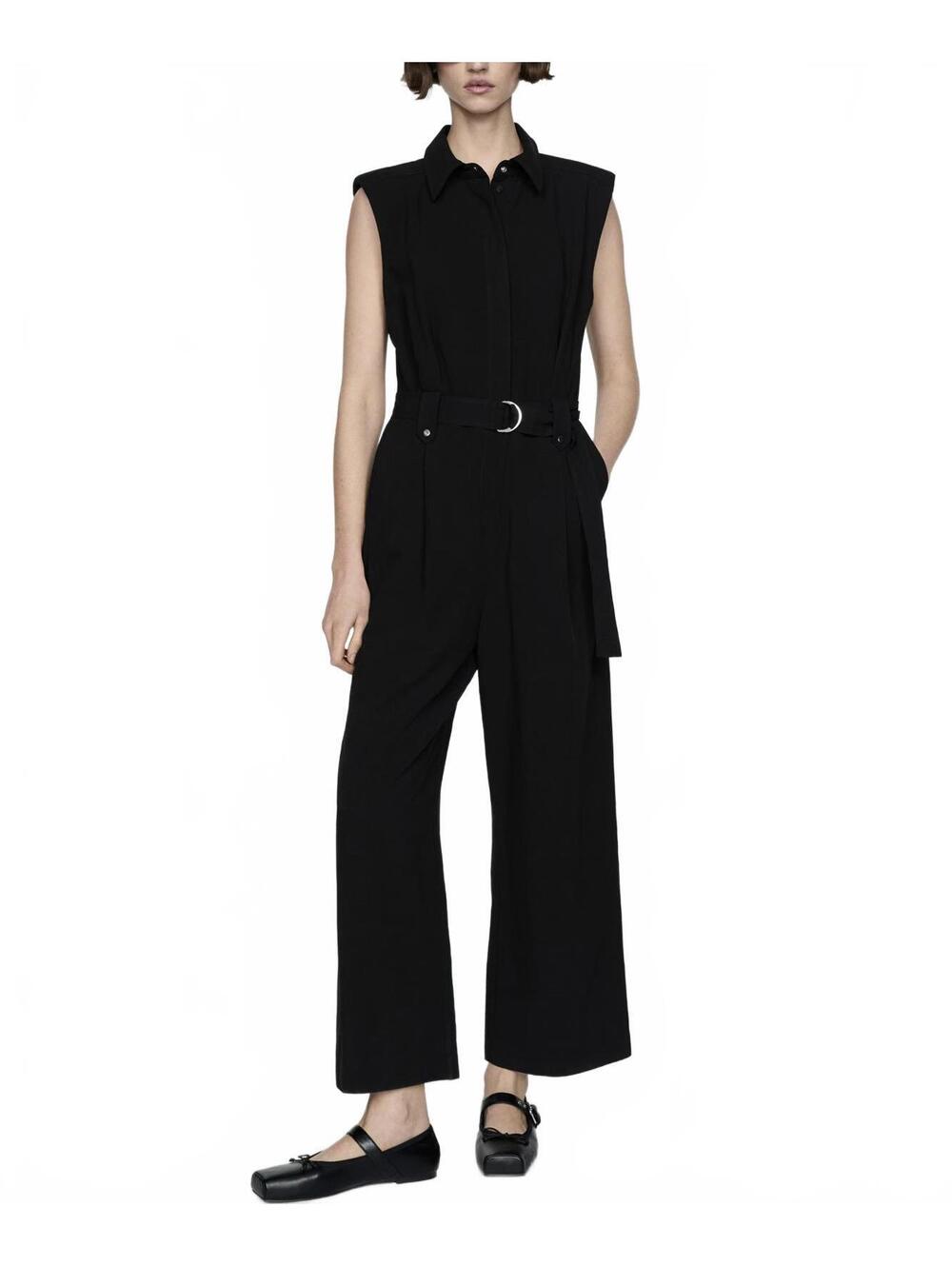 Mango Linen Blend Jumpsuit With Belt Clip and Shoulder Pad NWT Matty Black Large
